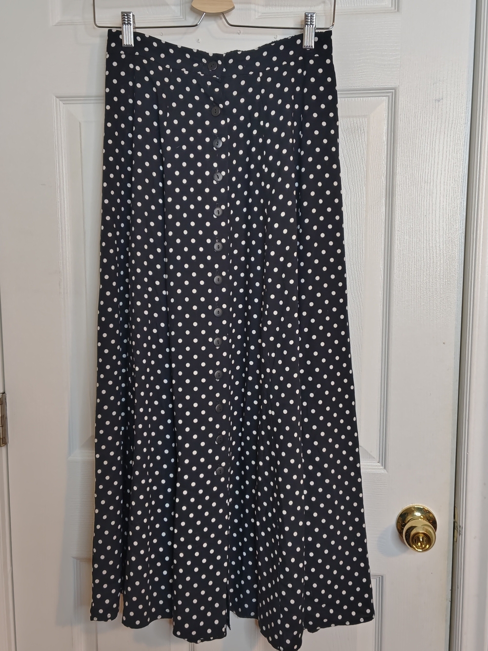 Vintage Style Classic Polka Dot Button-Front Maxi Midi Skirt Black White Size S
